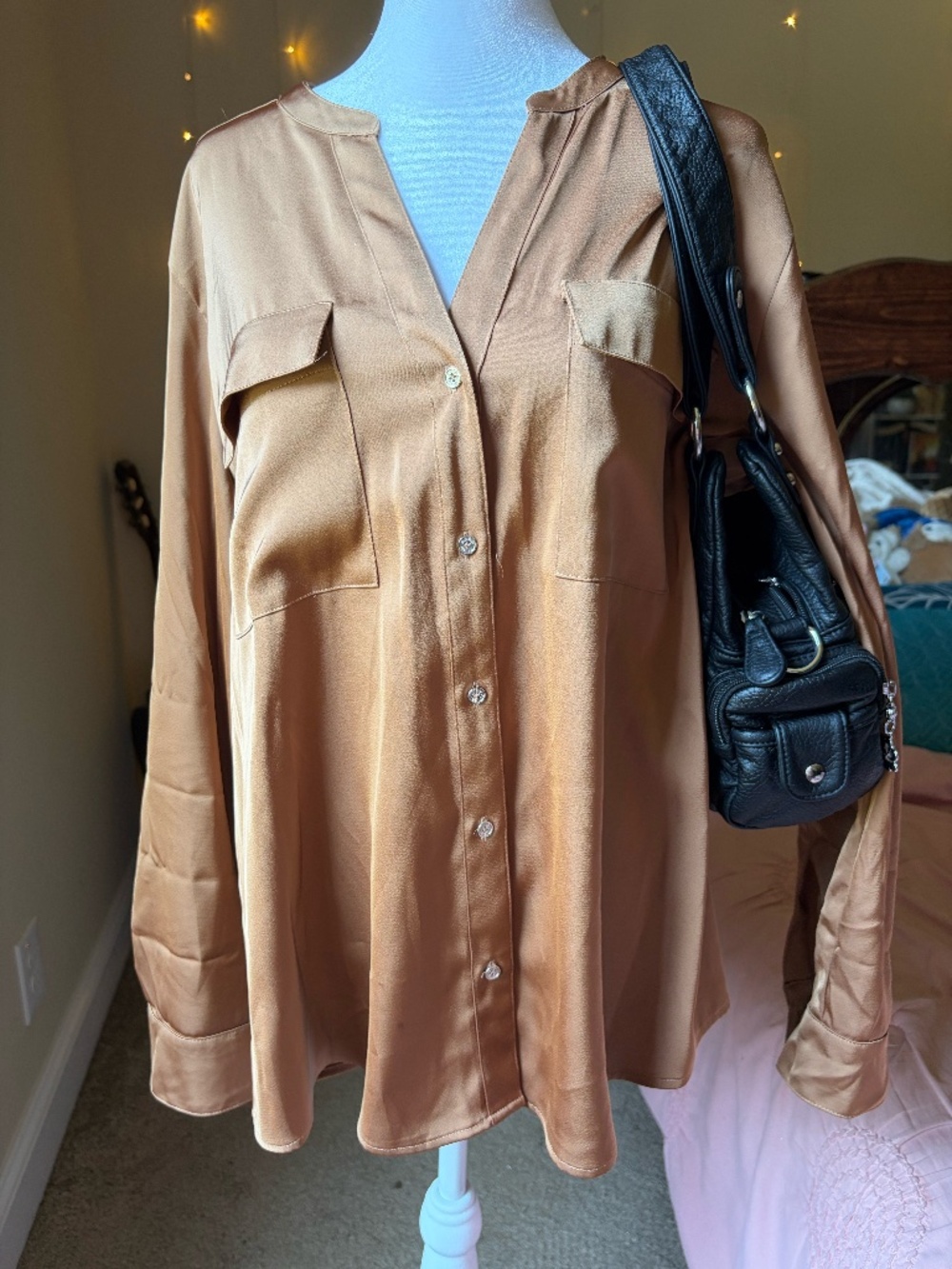 Stunning rich bronze/caramel gold satin blouse from Calvin Klein!